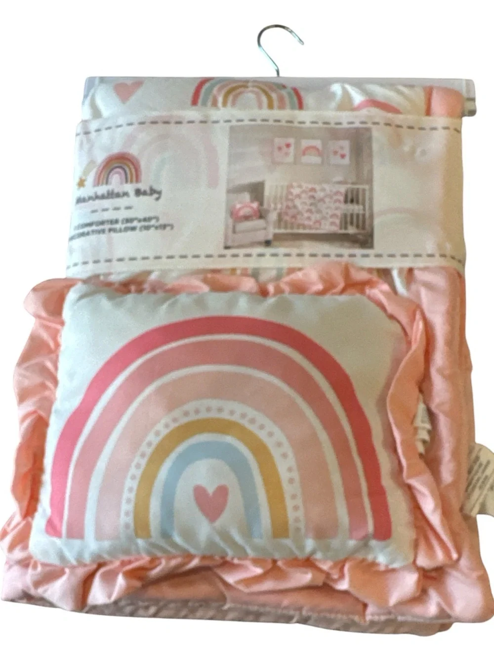 NWT Manhattan Baby White Pink Rainbow Nursery Comforter Pillow 2 Pc Set